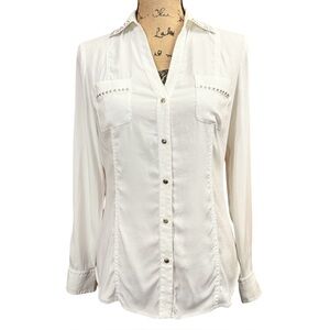 Cache Cream V-Neck Button Down With Gold Studs Size S